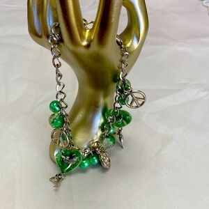 Silver plated bracelet glass heart and Dolphins light green colors, pearls